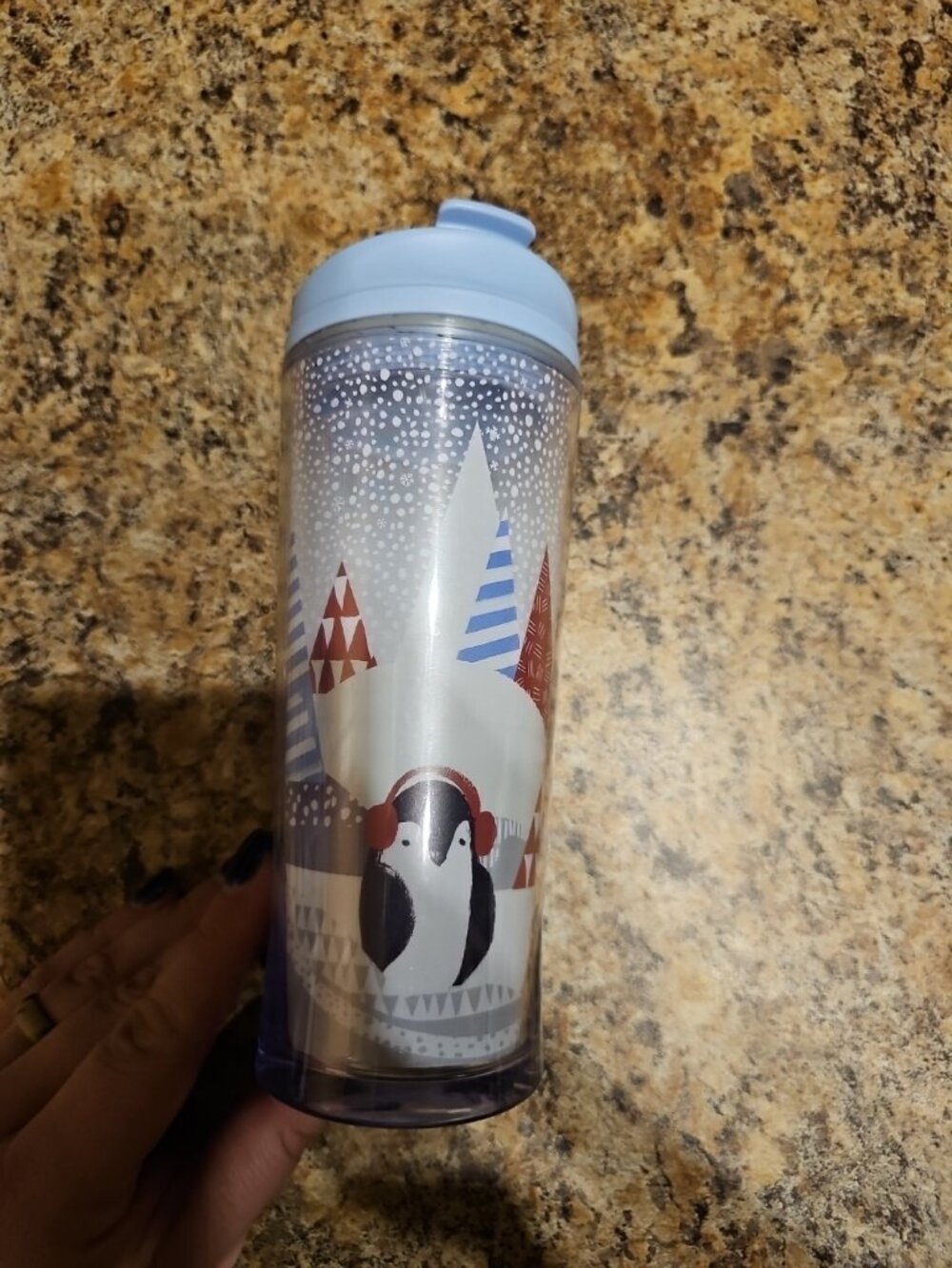 Starbucks Coffee 2009 Holiday Penguin Snow Trees Blue Lid 12 oz Drink Tumbler